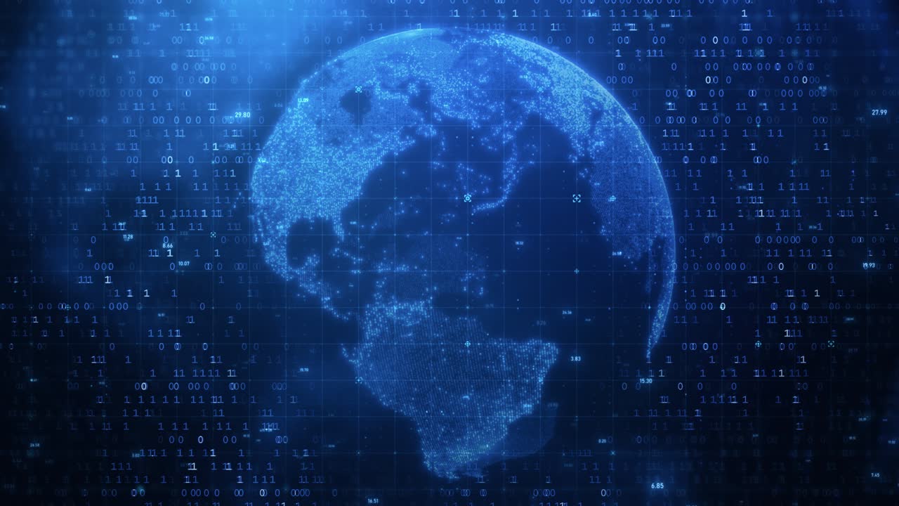 Futuristic Blue Binary Numbers Background with Rotating Digital Globe