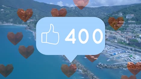 animation of social media thumbs up icon and numbers over hearts and landscape