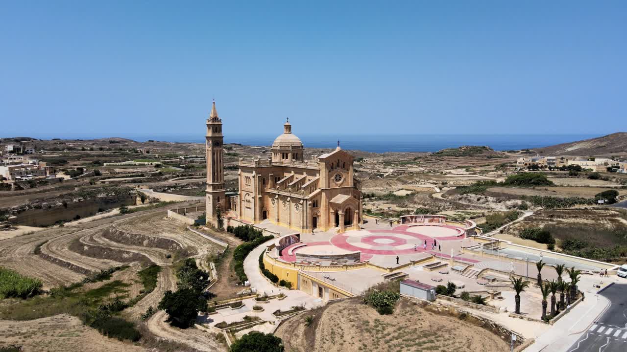 Drone view of Ta Pinu Basilica and countryside in Gharb, Gozo Malta