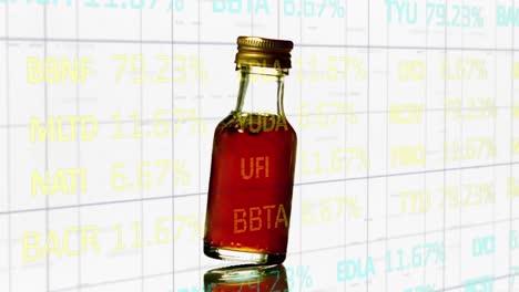 animation of data processing over laboratory bottle with red liquid