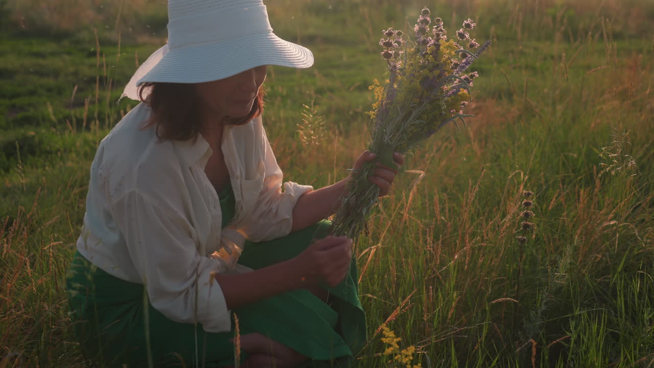 woman in white shirt and hat gently gathering wildflower bouquet during golden hour in open countryside field as soft sunlight illuminates flowers and silhouette