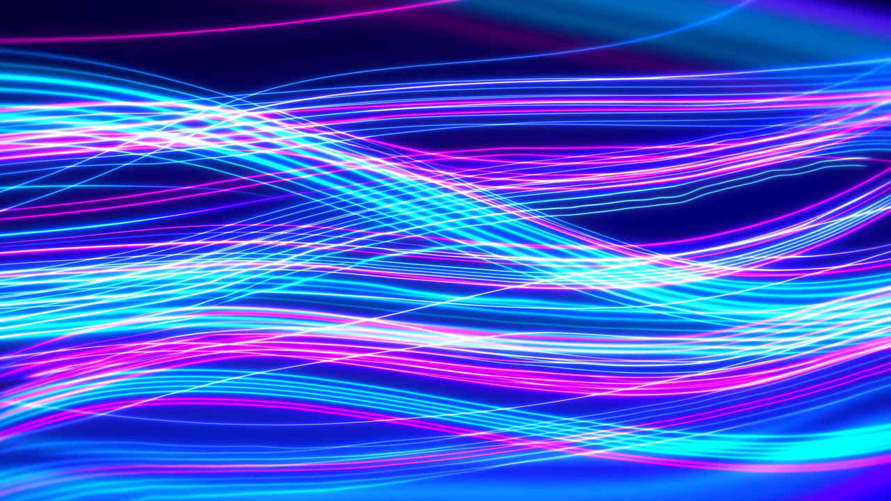Vibrant Neon Waves Flowing Across Frame, Cyan And Magenta Ribbons Weaving Rhythmic Motion, Pulsing Synth