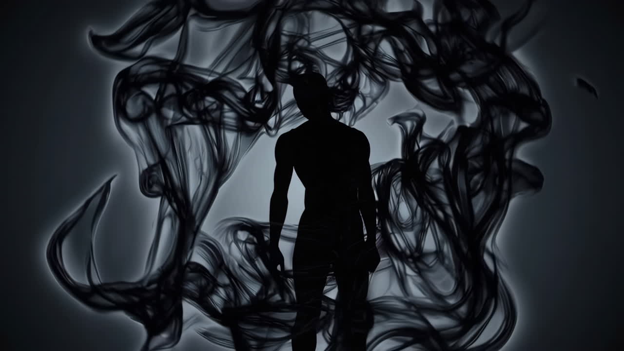 Silhouette of a man in a dark smoky atmosphere