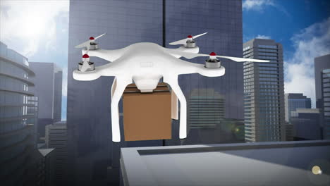 animation of a drone flying with a parcel against a cityscape view