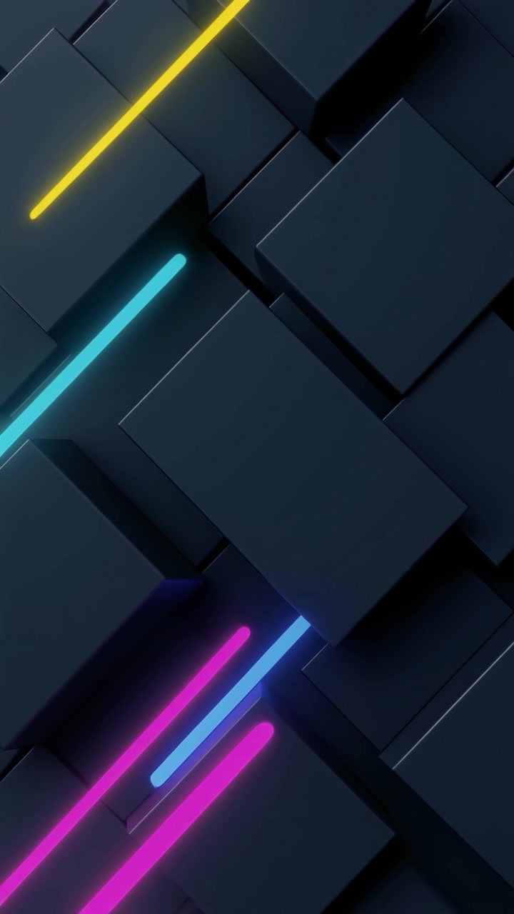 Dynamic Abstract Background with Glowing Neon Lines on Dark Cubes