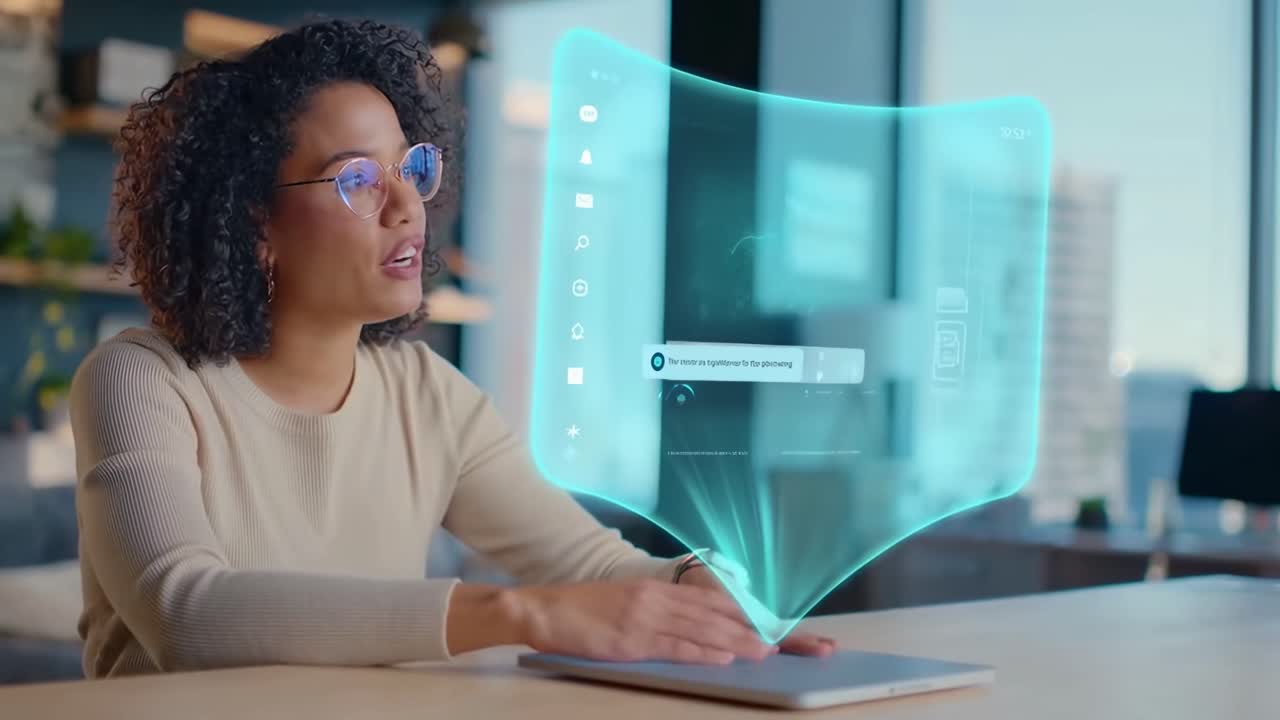 A futuristic video concept showing a woman interacting with a holographic display, side angle