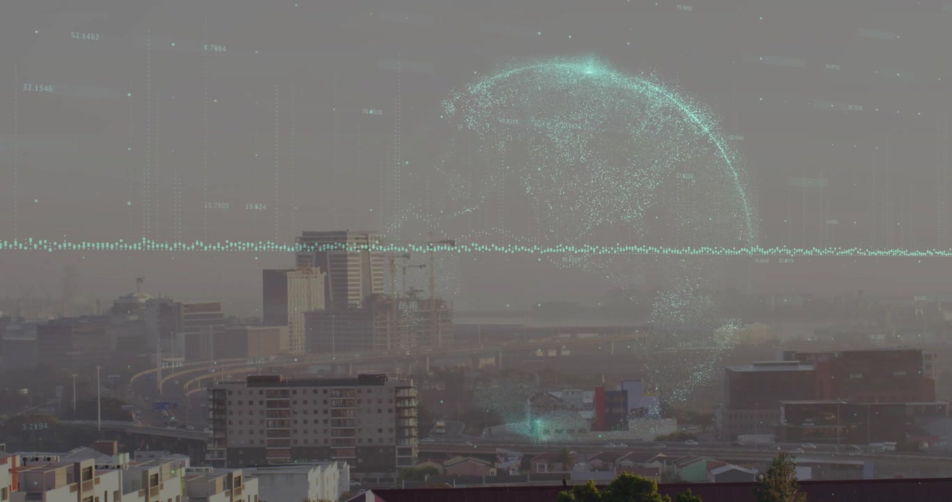 Skyline della città che rimane stabile mentre un globo turchese appare dopo l'inizio, pulsando per un effetto di sovrapposizione.