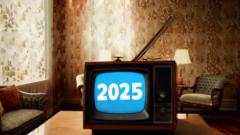 a vintage television showing the year 2025