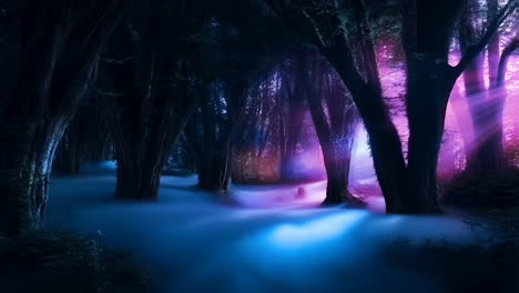 mystical dark forest with glowing mist and ethereal lights