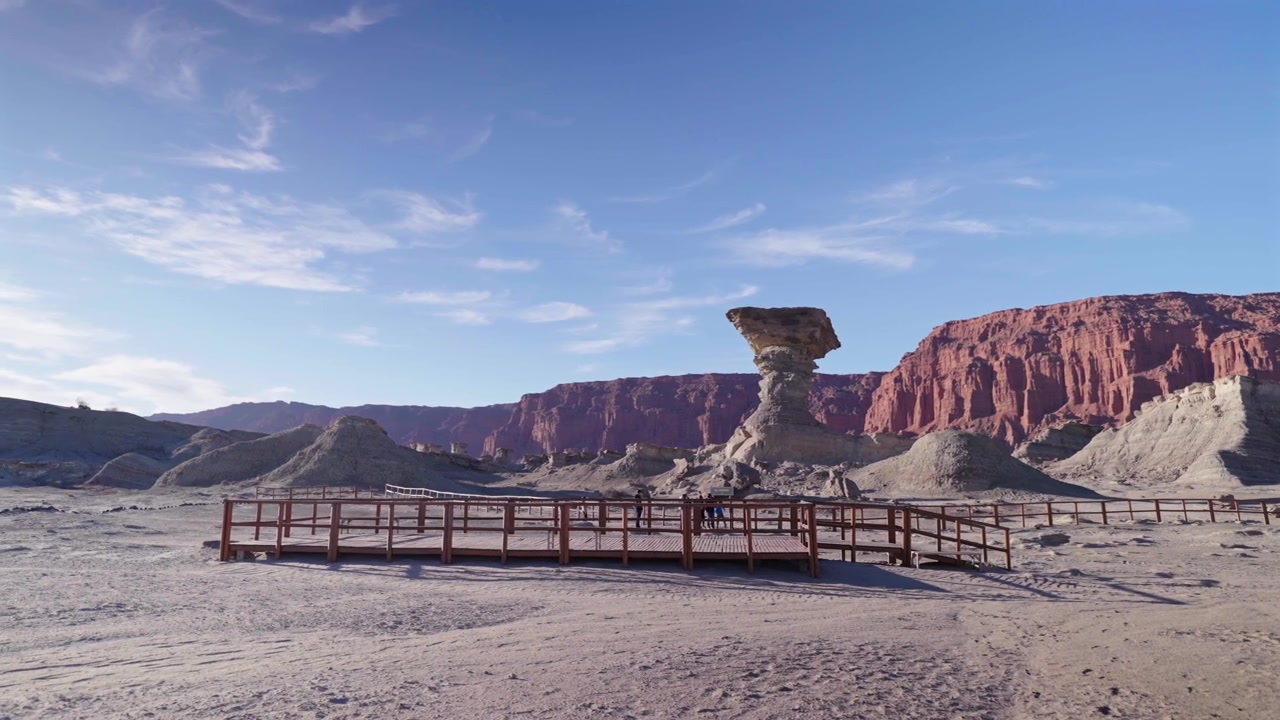 El Hongo rock formation rises above desert landscape in Ischigualasto Provincial Park, establishing backdrop pan
