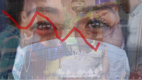 graphs and charts over school children and woman with mask coronavirus.