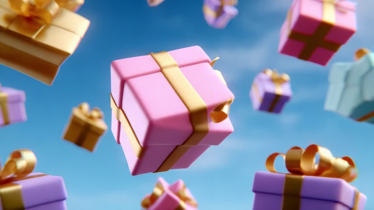 A Vibrant Array of Colorful Gift Boxes Floating in the Air, Surrounded by a Clear Blue Sky, Perfect for Celebrations, Special Occasions, and Conveying Joy and Excitement to Everyone Receiving Them