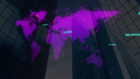 world map against tall buildings