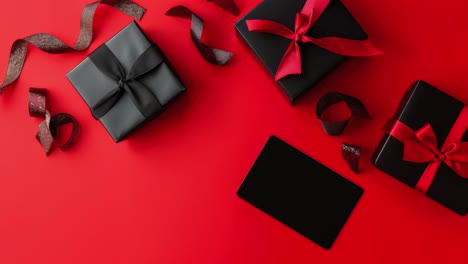 Black-Friday-Geschenkboxen-Und-Kreditkarte-Auf-Rotem-Hintergrund