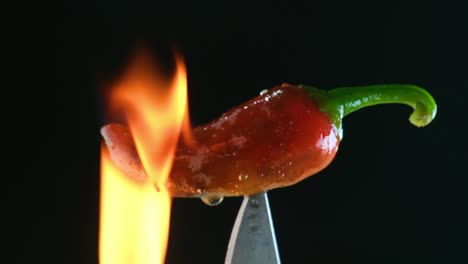 red chili pepper on tip of a knife with fire - close up