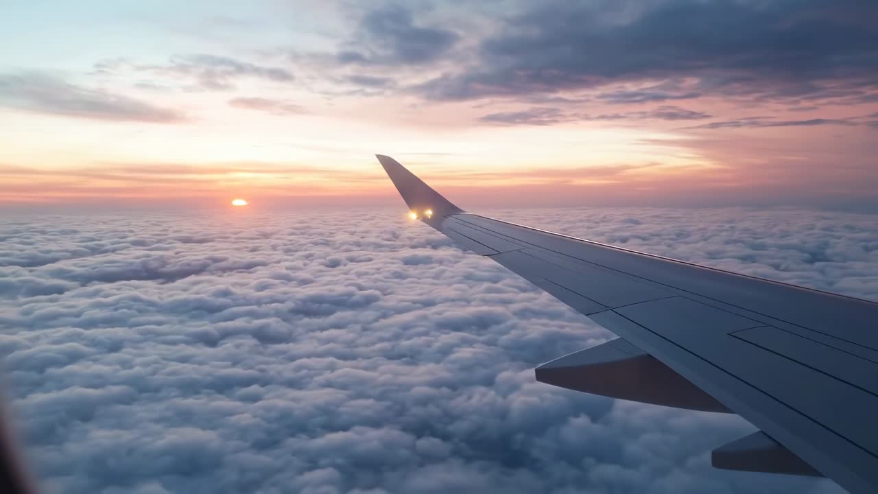 Aerial video view from airplane window, capturing a serene sunset above fluffy clouds