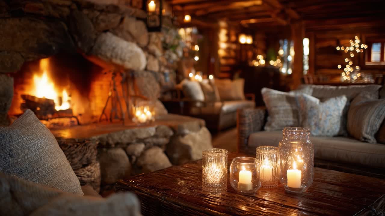 Cozy Cabin Ambiance: A Warm and Inviting Living Space with a Flickering Fireplace, Soft Lighting, and Comfortable Seating, Perfect for Relaxation and Gatherings