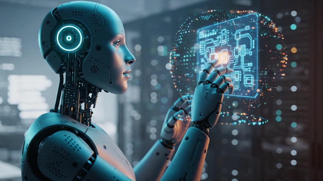A futuristic humanoid robot analyzes complex holographic data, demonstrating advanced technology and artificial intelligence in a high-tech environment.
