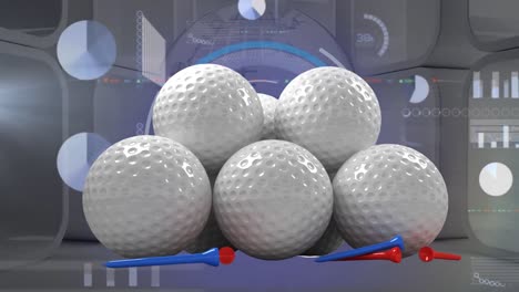 Animation-of-golf-balls-over-data-processing-and-globe