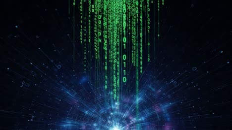 a futuristic abstract visualization of digital data flowing through space, emitting streams of green binary code and vivid electric energy in a high-tech environment