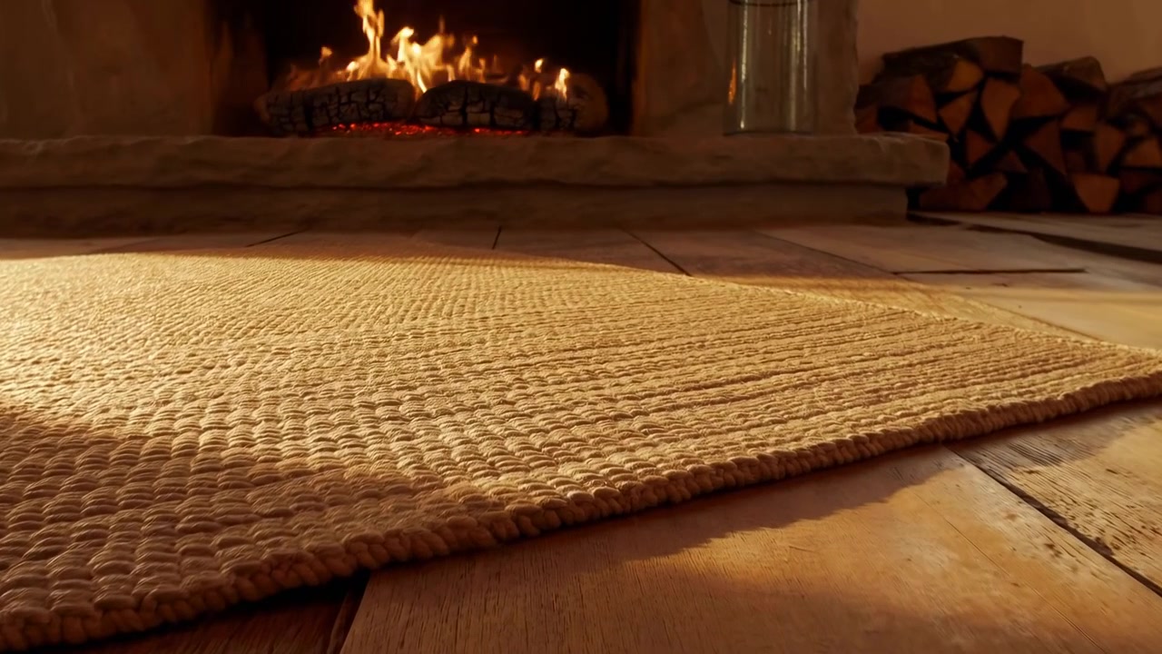 Un punto di vista estremamente basso mostra un tappeto intrecciato e texturizzato su assi di legno duro invecchiato in primo piano, con un focolare in pietra intagliata e ceppi ardenti che brillano dolcemente in un interno rustico sullo sfondo, con camino e tappeto