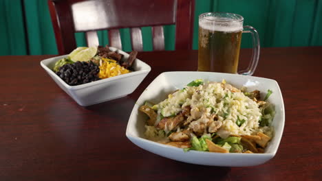 A-perfect-light-lunch,-two-restaurant-salad-options-and-a-beer,-chicken-fajita-and-beef-fajita-taco-salads,-slider-4K