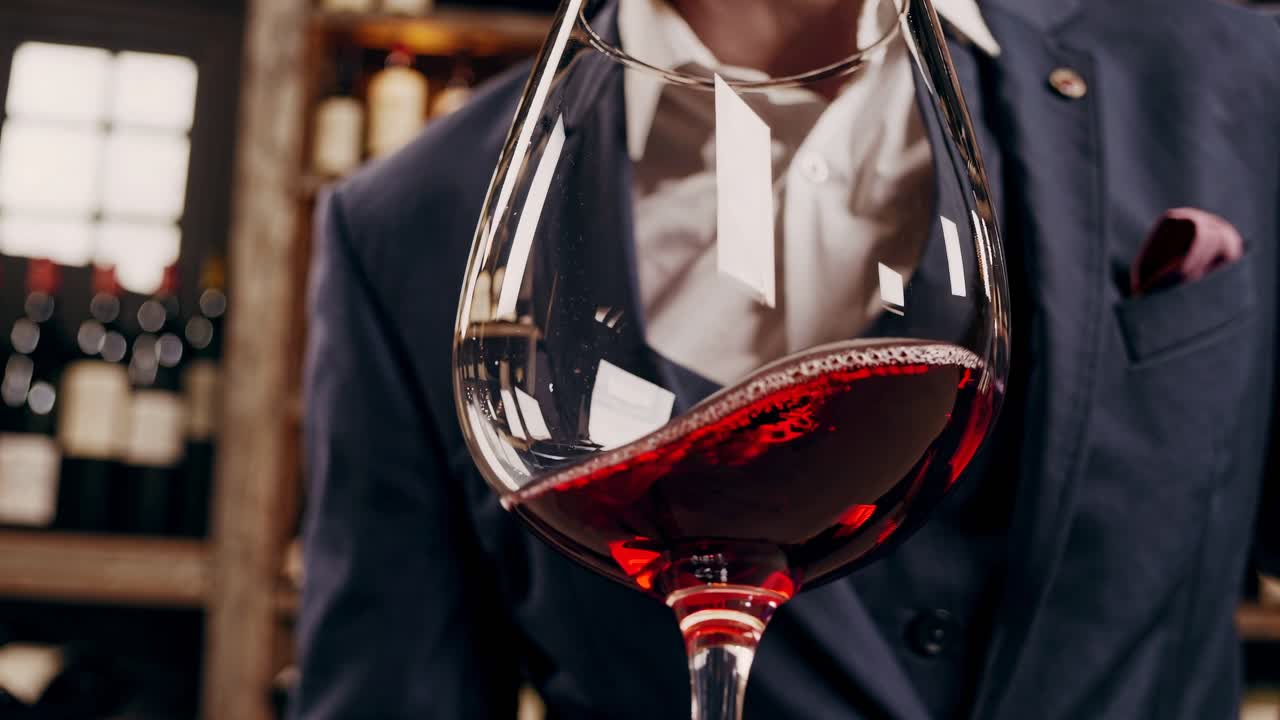 Close-up video shot of a wine glass on a rustic wooden table, with a blurred sommelier