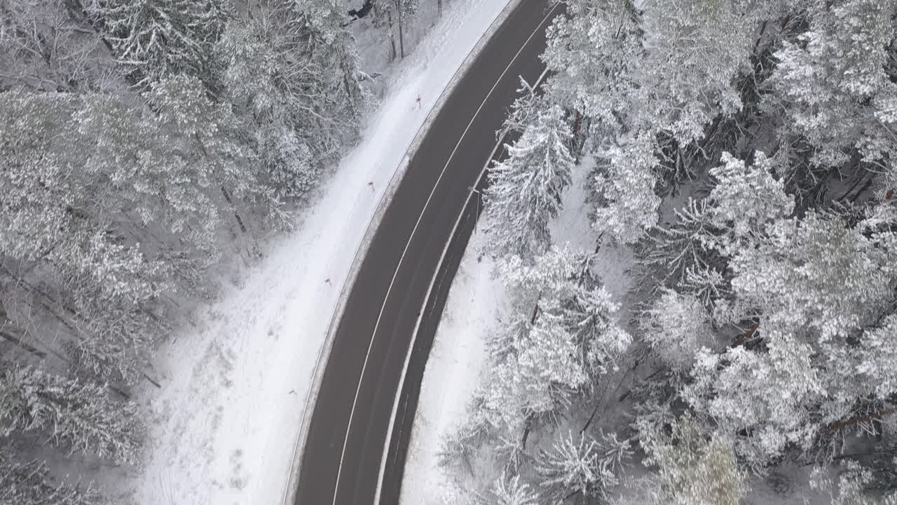 리투아니아 카우나스 카운티의 눈 덮인 숲과 시골 도로의 드론 조감도