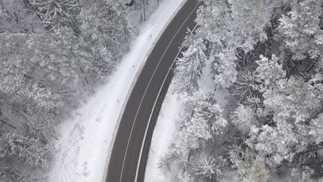 Vista-Aérea-De-Drones-Del-Bosque-Nevado-Y-La-Carretera-Rural-En-El-Condado-De-Kaunas,-Lituania