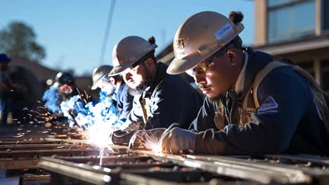 skilled workers engage in metal fabrication at sunset in urban setting