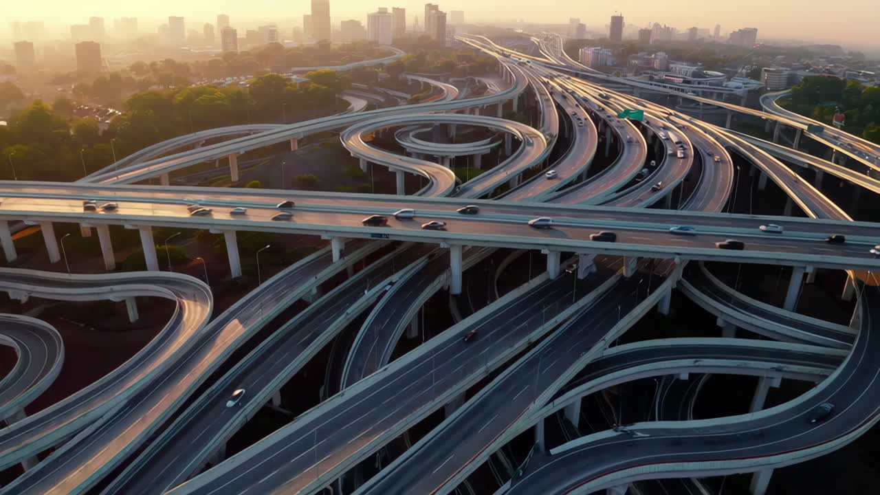 Aerial View of a Complex Highway Interchange at Golden Hour
