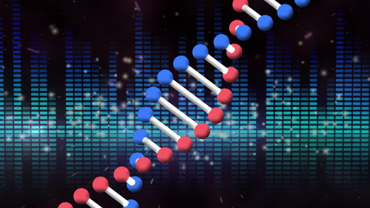 회전하는 dna 가닥의 애니메이션, 빛의 반점과 반 ⁇ 이는 파란색 직사각형