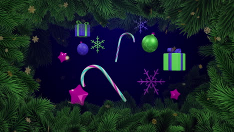 animación de estrellas sobre abeto y decoraciones navideñas sobre fondo negro.