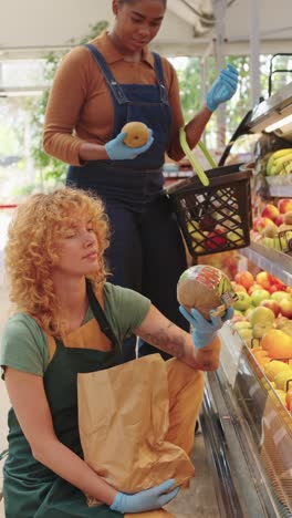 two women shop for fruit at a grocery store