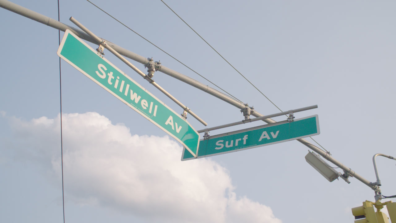 Coney Island street signs on a summer day. Shot in Brooklyn, New York City