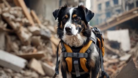 a dog wearing a harness sitting in a pile of rubble