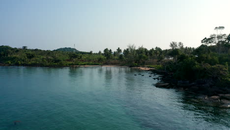 Aerial-drone-footage-flying-to-a-beach-on-an-Island-in-Cambodia