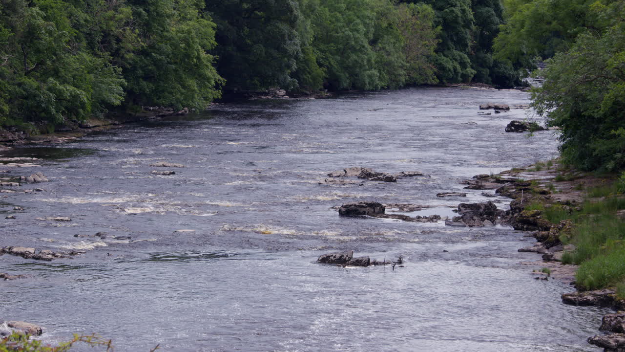 long shot of the river ure just after the lower falls at Aysgarth falls on the river ure, Yorkshire dales