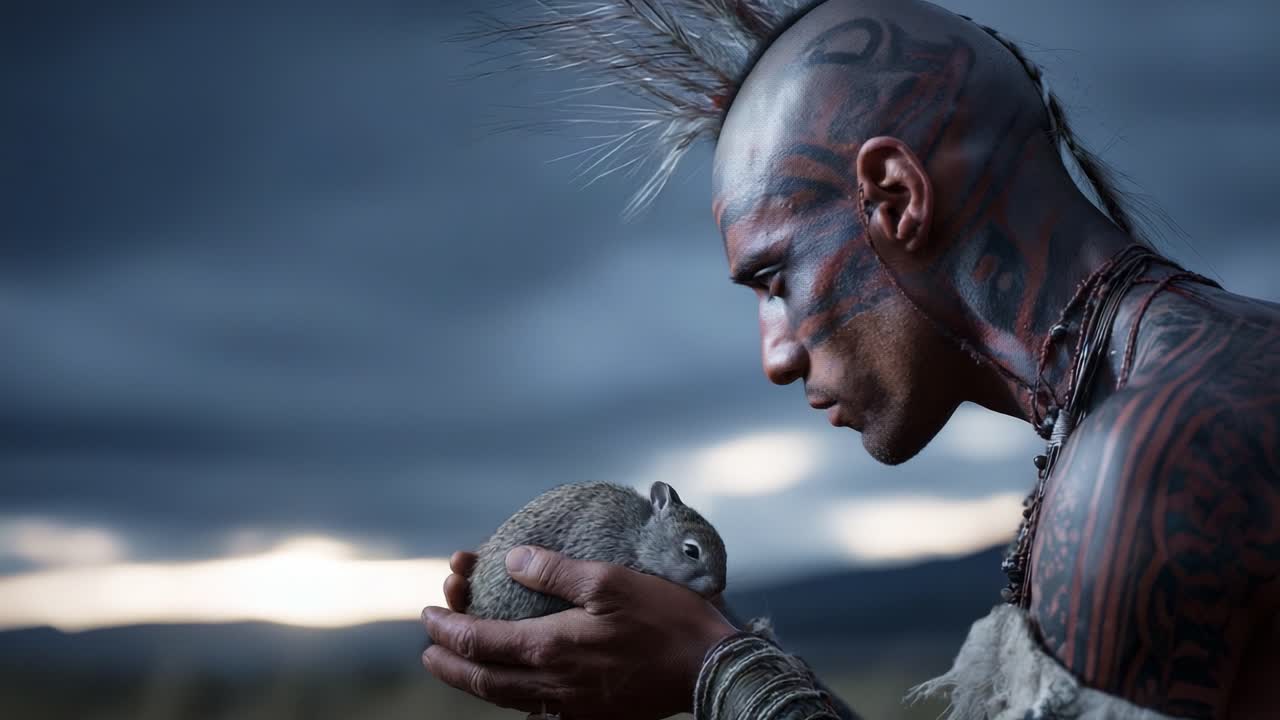 A striking and emotional portrayal of a tattooed warrior holding a small rabbit, set against a darkened sky, capturing the juxtaposition of strength and tenderness in a unique moment