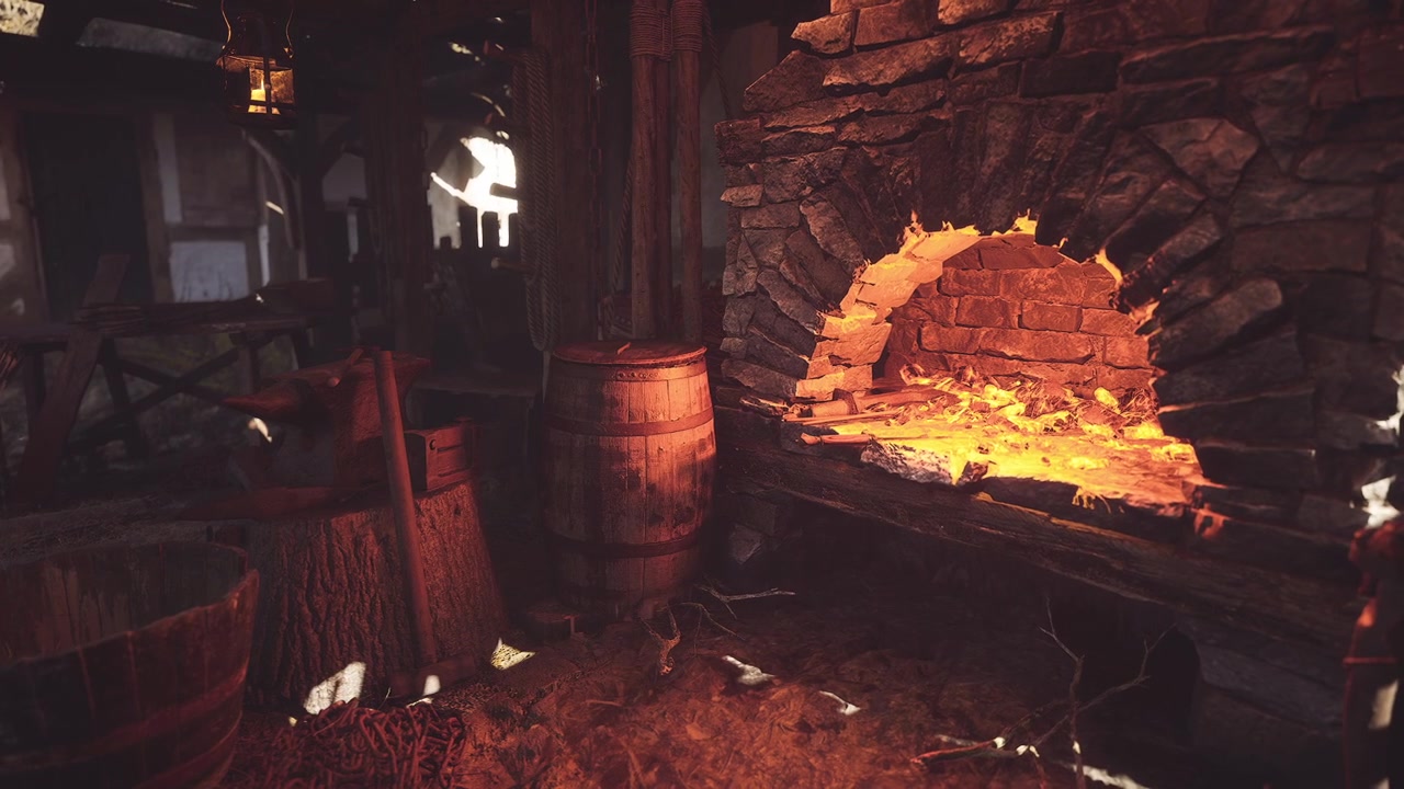 Old forge burning brightly in a rustic workshop surrounded by tools