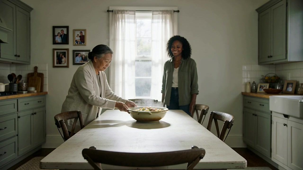 Holding steaming bowl, senior in cardigan placing bowl on table in home kitchen, serving meal