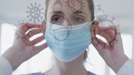 animación de iconos del virus covid 19 sobre una mujer caucásica que usa una máscara facial