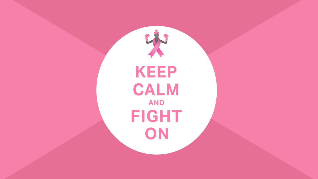 핑크색 리본 로고와 핑크색 배경에 나타나는 유방암 텍스트의 애니메이션