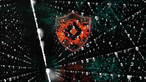 cybersecurity shield with circuit board, numbers animation over digital network background