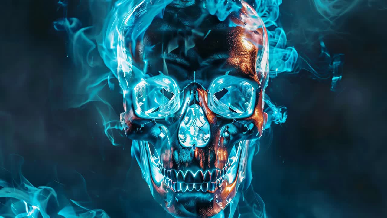 Glowing Metal Skull in Blue Smoke