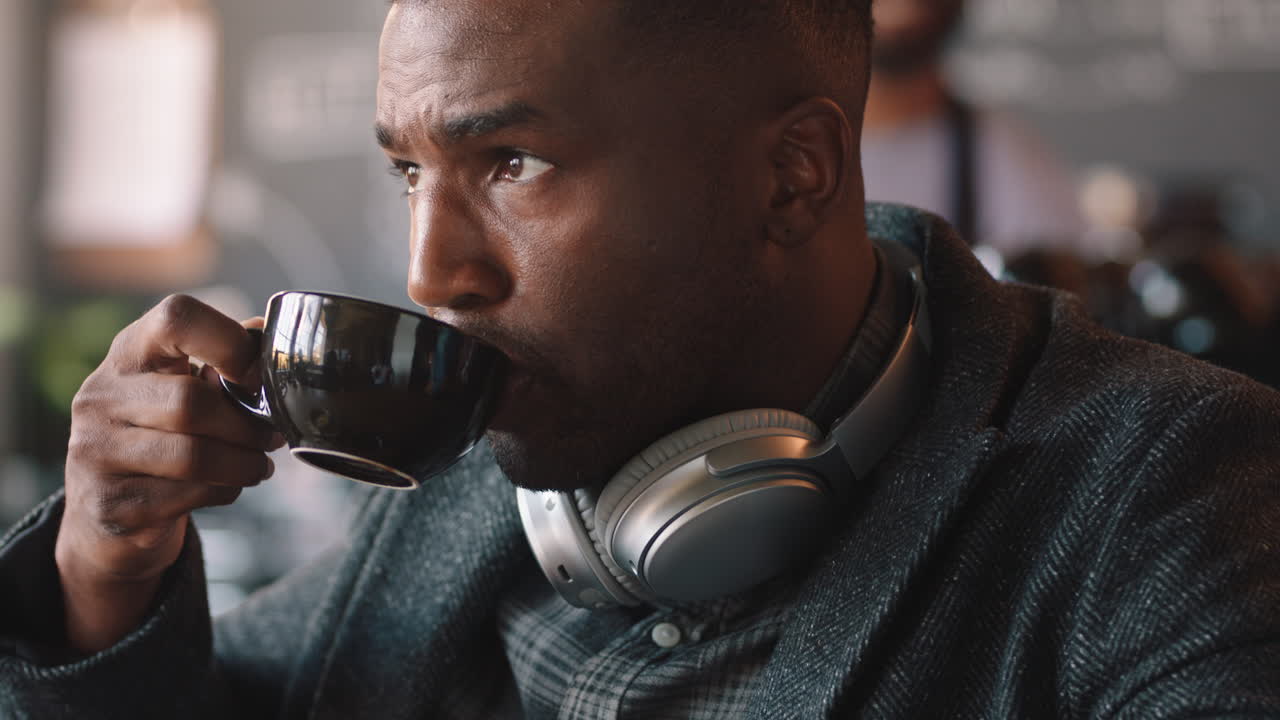 joven afroamericano bebiendo café en una cafetería disfrutando de relajarse en el almuerzo