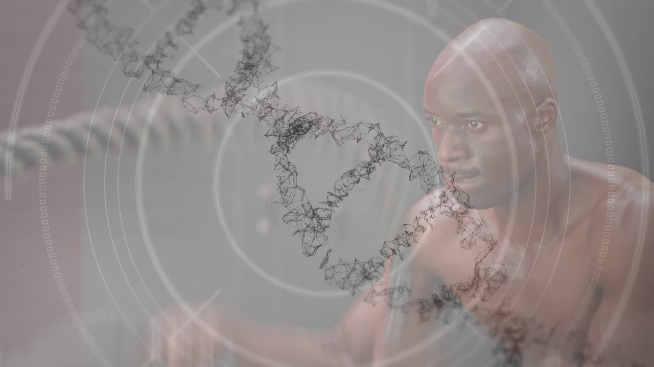 animación de la cadena de adn girando sobre el procesamiento de datos y ejercitando hombre fuerte