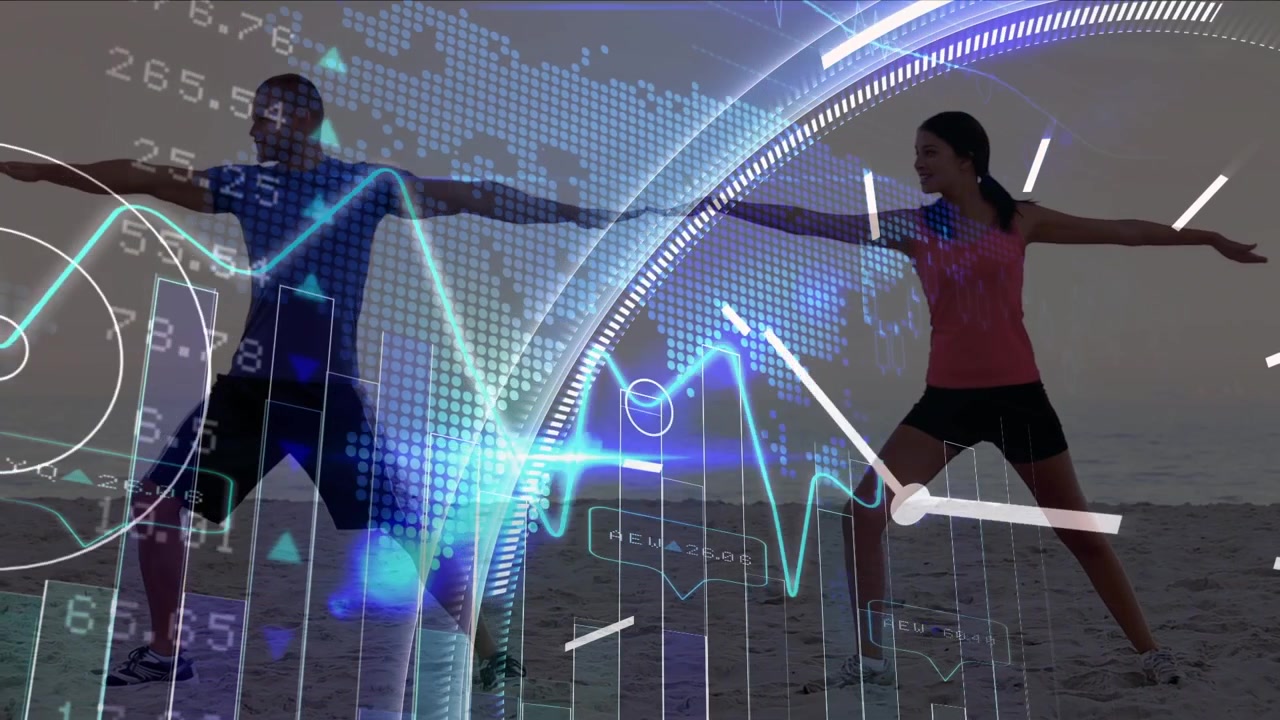 Animation of data processing and moving clock over diverse people exercising at beach
