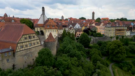 4k aerial drone video of the historic buildings along the wall of the bavarian town of rothenburg, germany