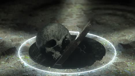 un cráneo de piedra se voltea en una plataforma de mármol negro. concepto de esclavitud y encarcelamiento. animación 3d de bucle sin costuras